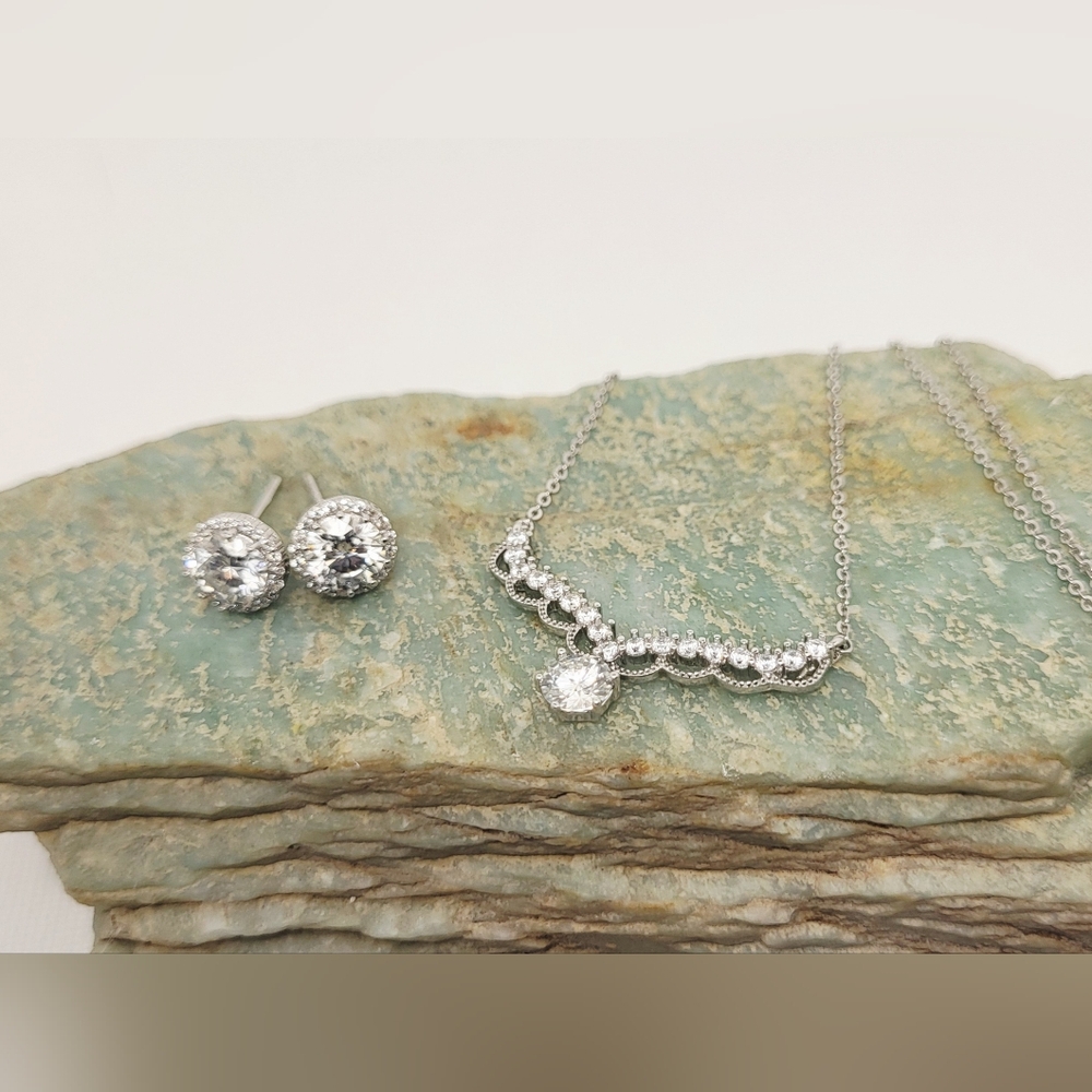 Moissanite Sterling Silver Lace Necklace and Halo Earrings Set NEW